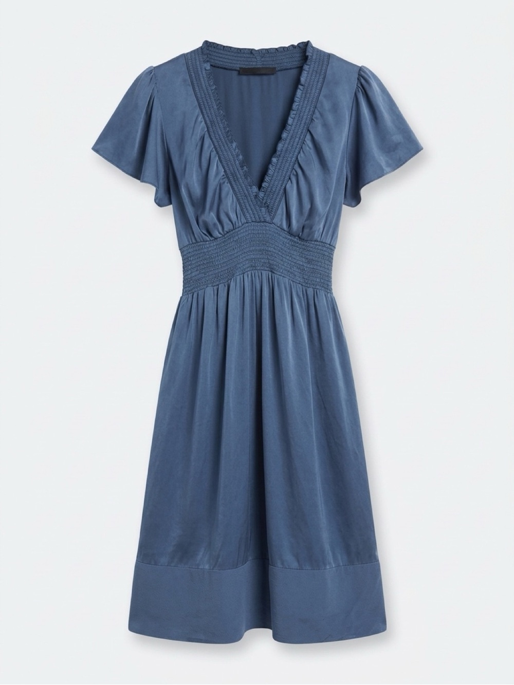 BCBG Max Azria XS Blue Smocked Waist Flutter Sleeve Midi Dress